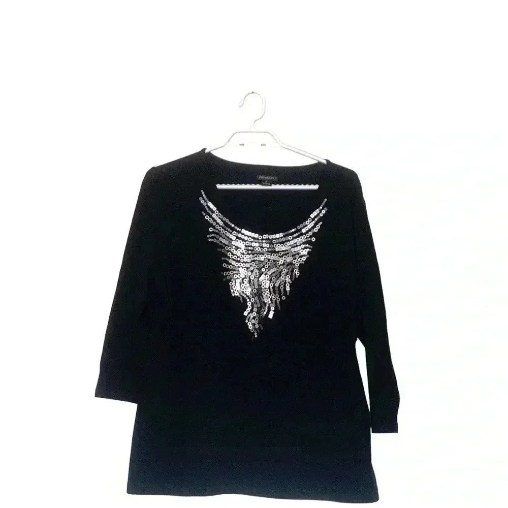 Claudia EV 3/4 sleeve top, stretchy, bling on the front, winter weight